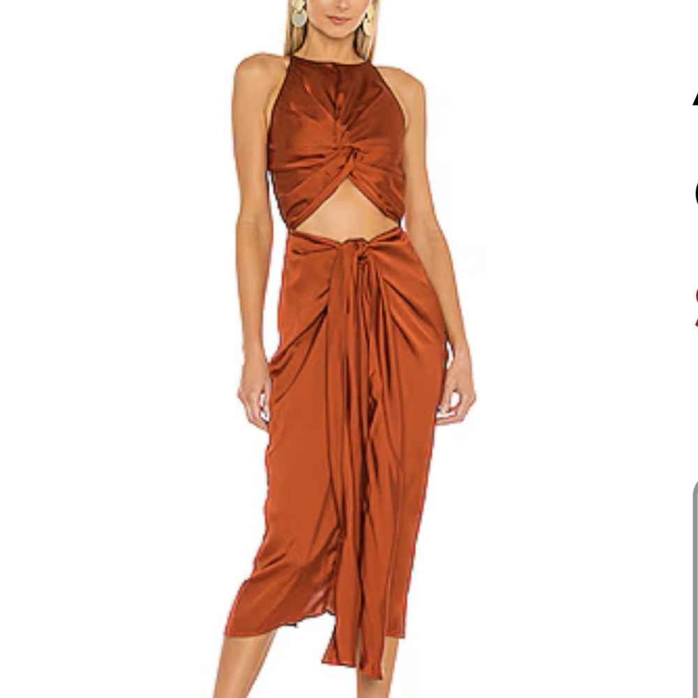 Andrea Iyamah Reni Knotted Midi Dress Womens XS Cut Out Satin Elegant Copper